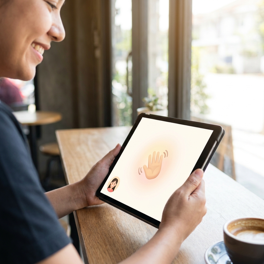 A person receiving a personalized welcome message on their tablet