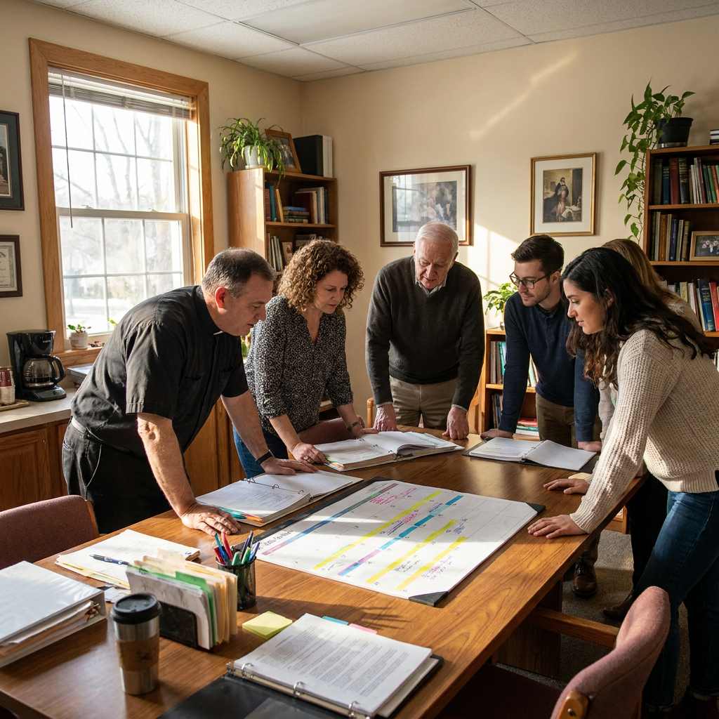 A diverse American church communications team reviewing a devotional content calendar together at a wooden table, warm morning light, realistic parish office setting, no visible text