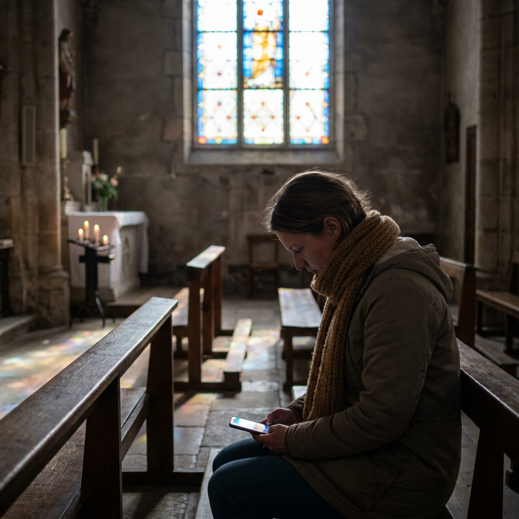 A woman in a quiet chapel using her phone to read a short daily prayer, stained glass light, peaceful atmosphere, realistic setting, no visible text
