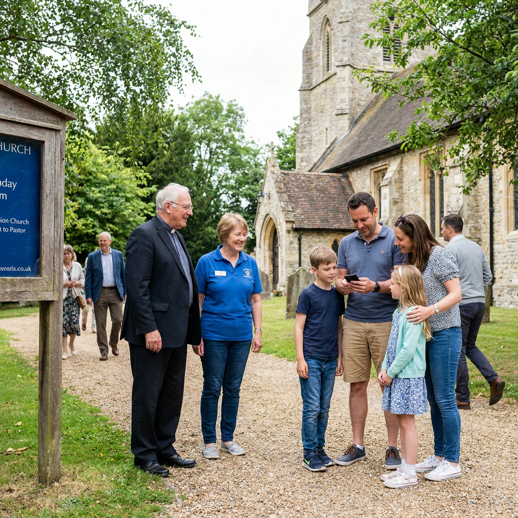 A pastor and volunteer standing near a church welcome sign while a family checks service information on a phone, realistic Sunday morning church setting, natural light