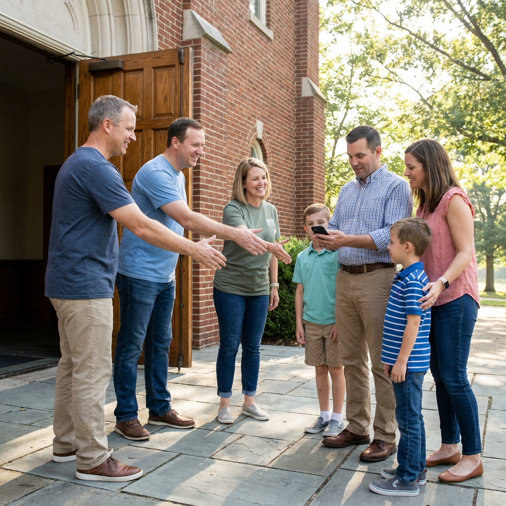 A church welcome team greeting a first-time visitor family at the entrance after they arrived using directions from their phone, realistic American church scene, warm and natural