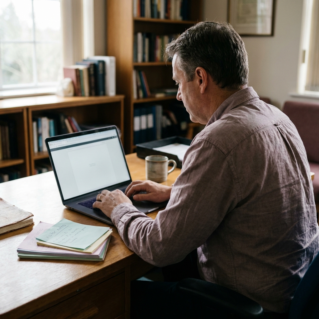 A church staff member reviewing a simple Sunday service information page on a laptop while printed visitor notes sit nearby, realistic office scene, no visible screen text