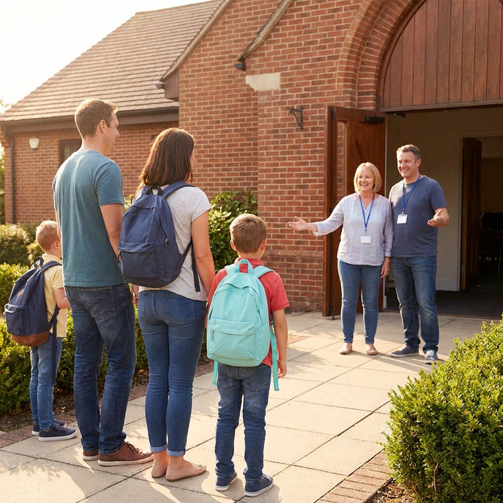 A first-time visitor family arriving at a church entrance with clear signage and a welcome team nearby, realistic American church setting, natural light
