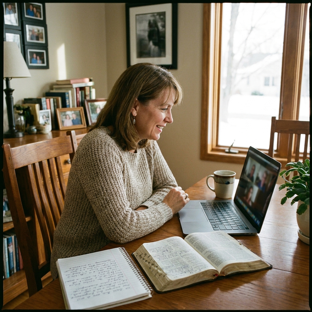 Woman leading an online Bible study on a laptop, with notes and an open Bible beside her, realistic home setting, warm natural light, no visible text