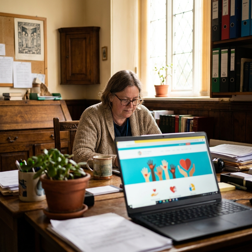 A church staff member sitting at a desk reviewing a compassionate support page on a laptop, warm lighting, realistic church office, no visible text