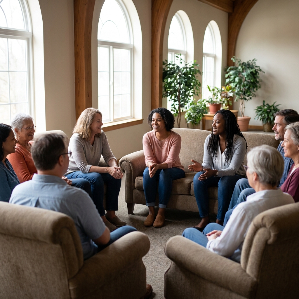 A welcoming church support group arranged in a circle with comfortable chairs, soft natural light, diverse American adults in a calm conversation, no visible text
