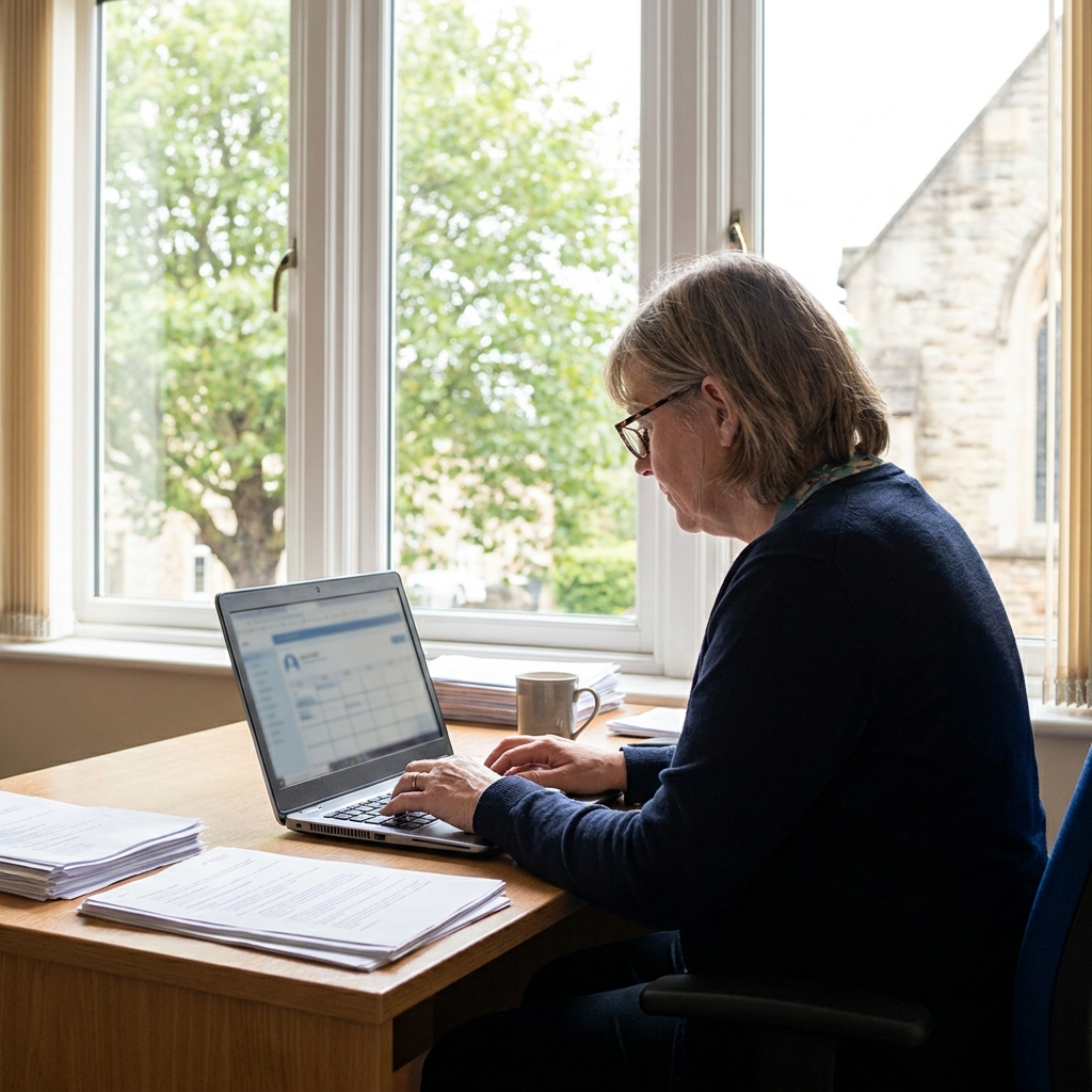 A church administrator reviewing a secure digital member directory on a laptop in a bright church office, realistic screen layout with no readable text, natural light