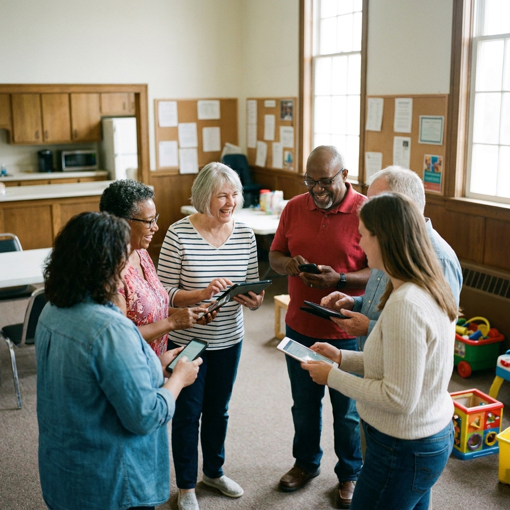 A diverse church volunteer team using phones and tablets to coordinate care and small group communication, candid interaction, realistic American church setting, no visible text
