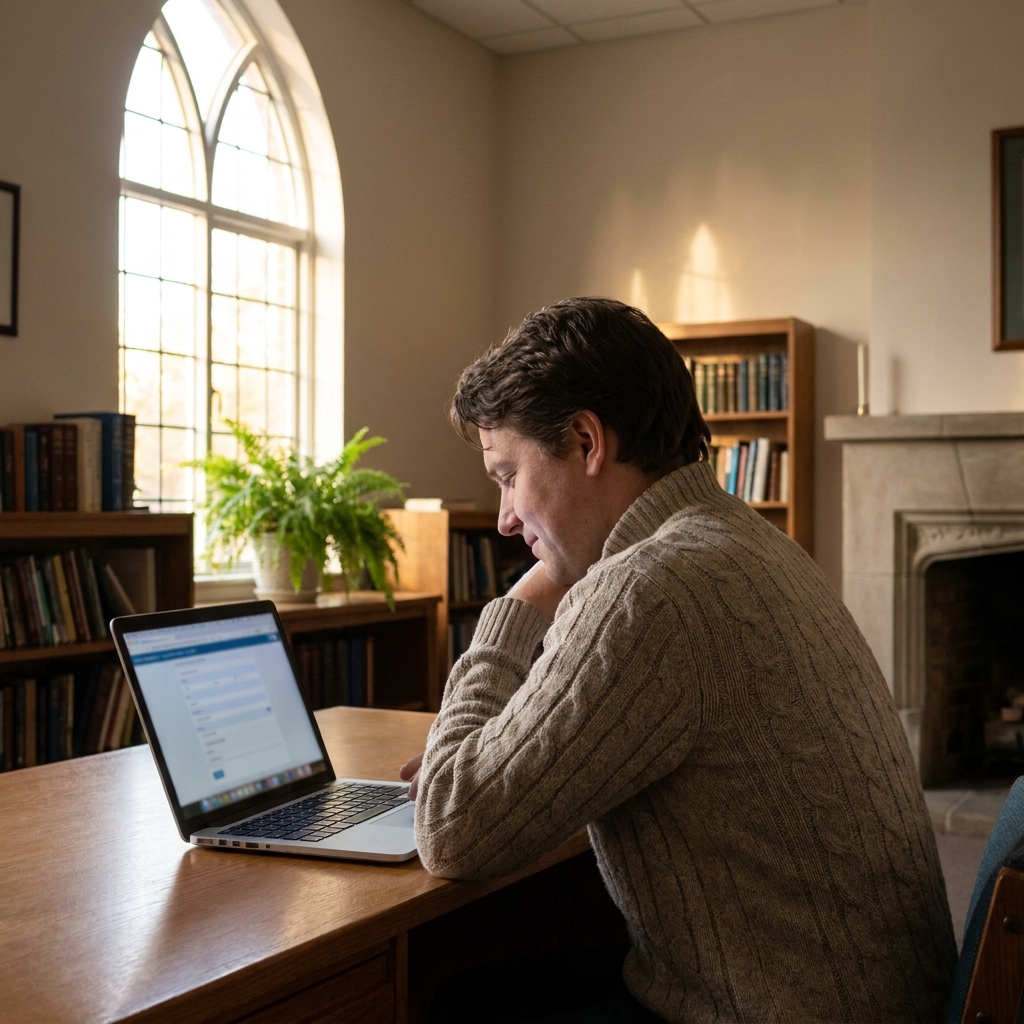 A church staff member reviewing a new digital prayer request on a laptop in a calm church office, realistic screen glow, warm natural light, no visible text
