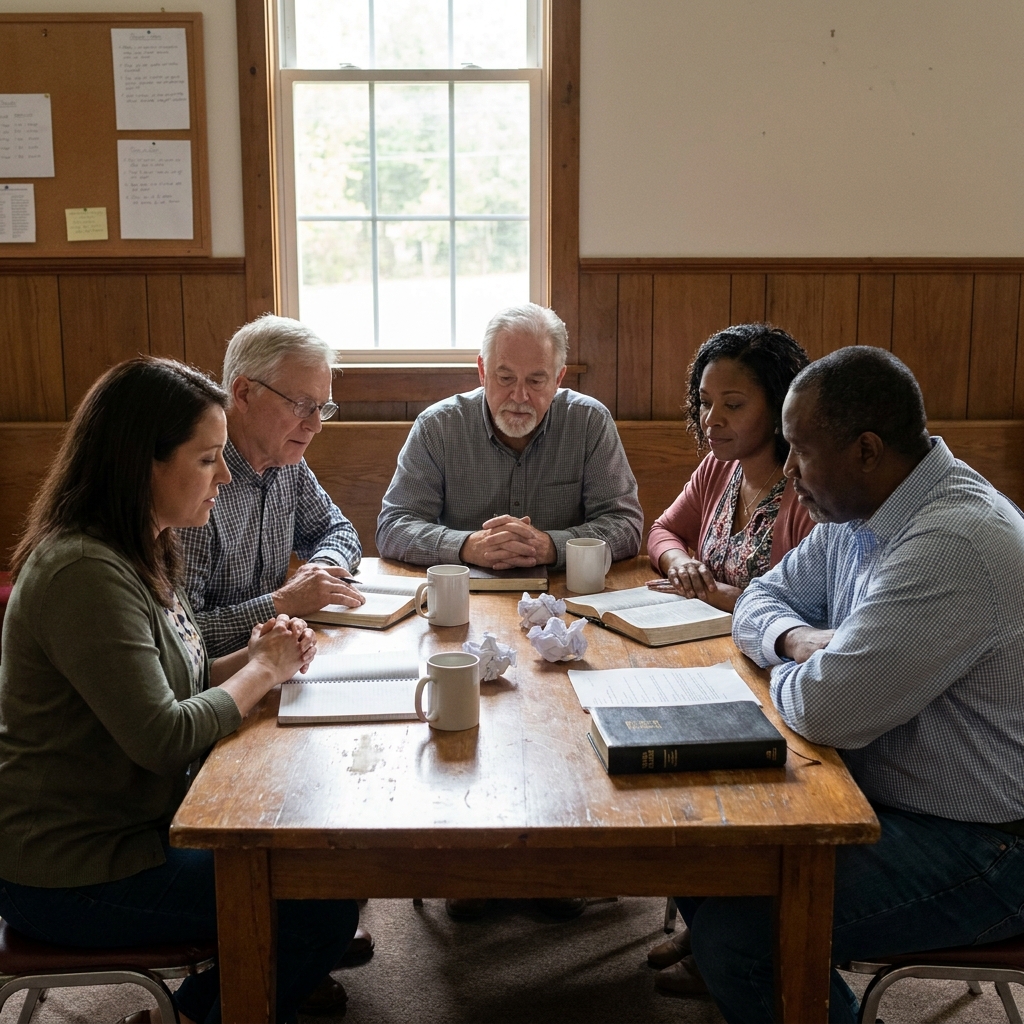 A compassionate church care team in a small meeting discussing how to follow up on prayer needs, diverse American adults, realistic church setting, no visible text
