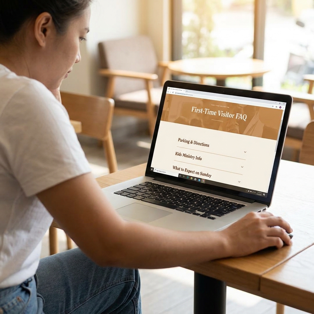 A first-time church visitor reading a friendly FAQ section on a church website, with questions about parking, kids ministry, and what to expect on Sunday displayed clearly on a laptop screen