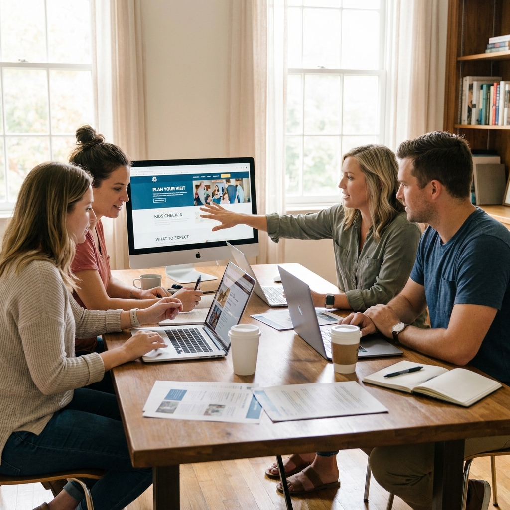 A church communications team reviewing visitor website content together, focusing on practical FAQ answers about arrival, kids ministry, and Sunday expectations
