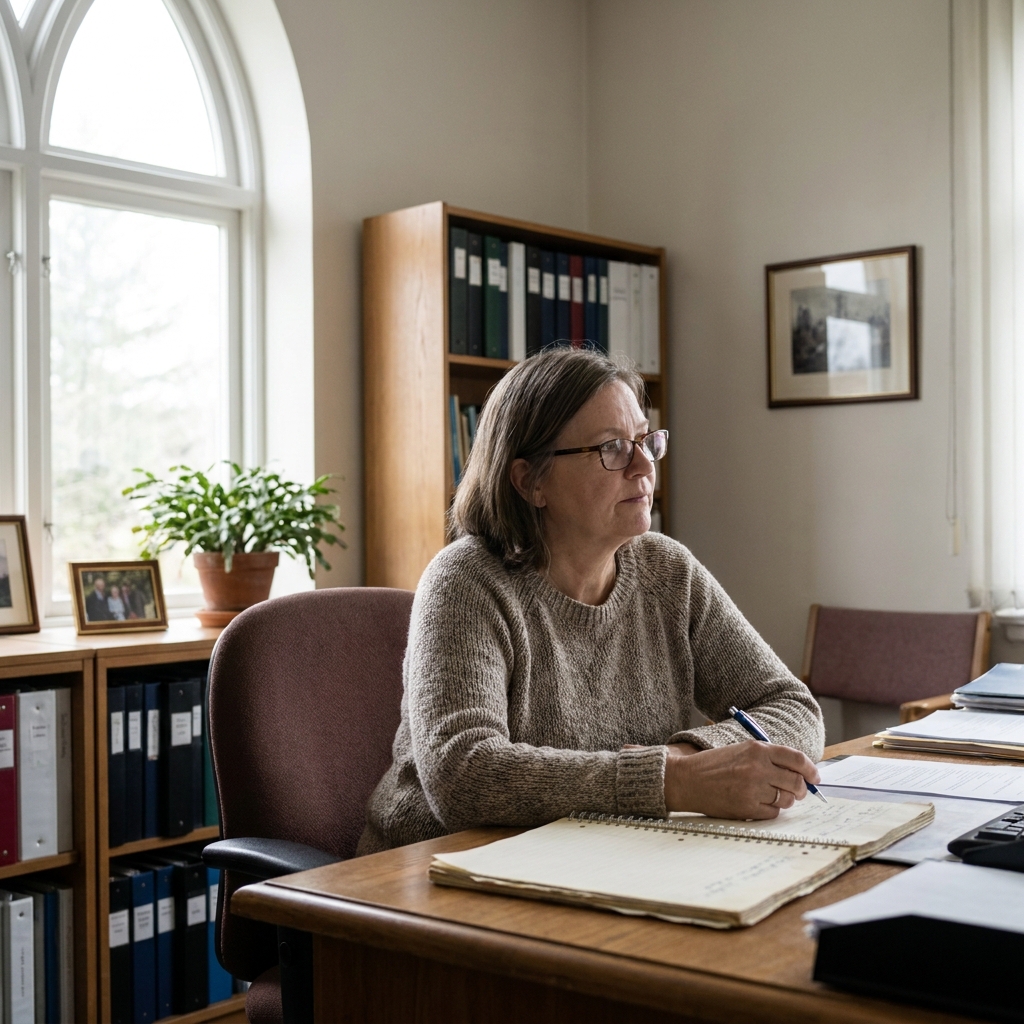 A church staff member reviewing a simple member care follow-up list at a desk, thoughtful atmosphere, realistic American church office, soft natural light, no visible text