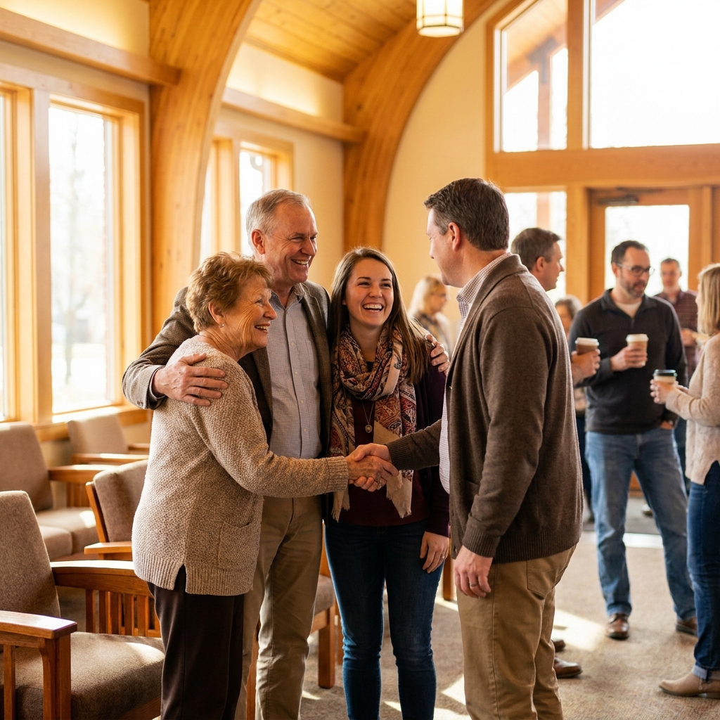 A warm church lobby moment where a returning member is greeted by two caring ministry leaders, natural body language, welcoming Sunday environment, no visible text