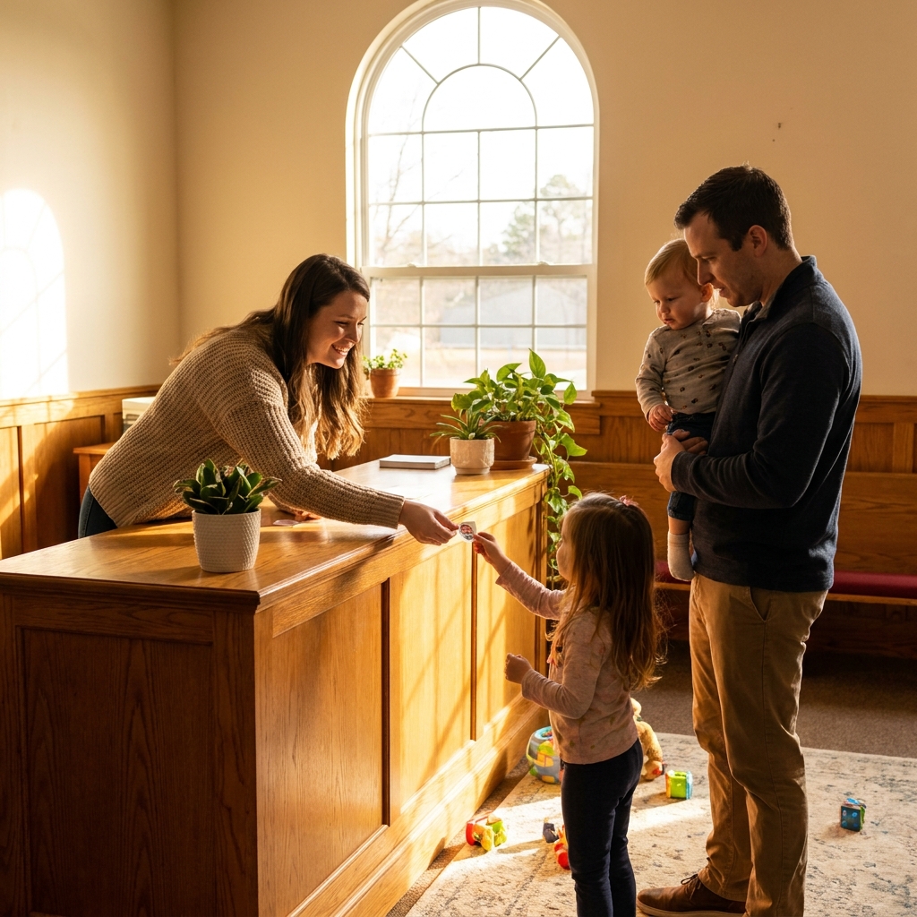 A calm church children's ministry check-in desk with a friendly volunteer helping a young family, warm natural light, realistic Sunday morning church setting, no visible text