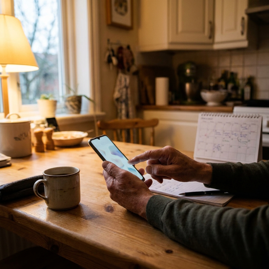 A parent registering children for a church family event on a phone while sitting at a kitchen table, realistic evening home setting, calendar and coffee mug nearby, no visible text