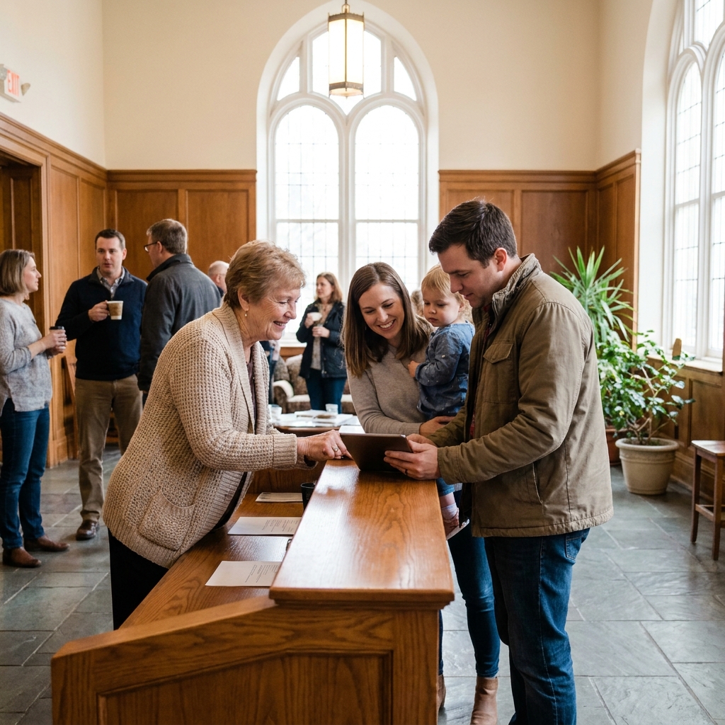 A church welcome desk volunteer helping a young family confirm event registration on a tablet, warm church lobby, realistic Sunday environment, no visible text