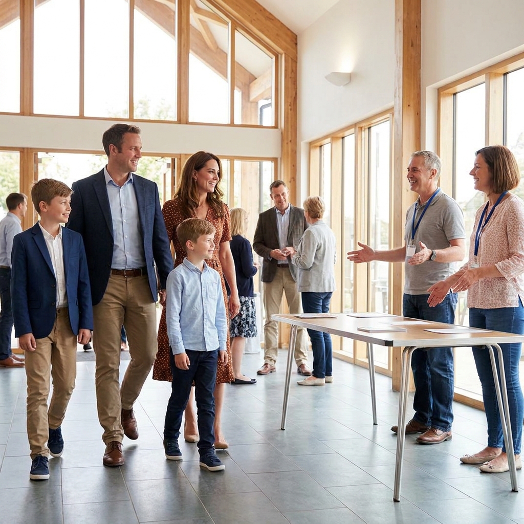 A family arriving confidently at a church event after registering online, smiling volunteers greeting them in a bright church entry, realistic candid moment, no visible text