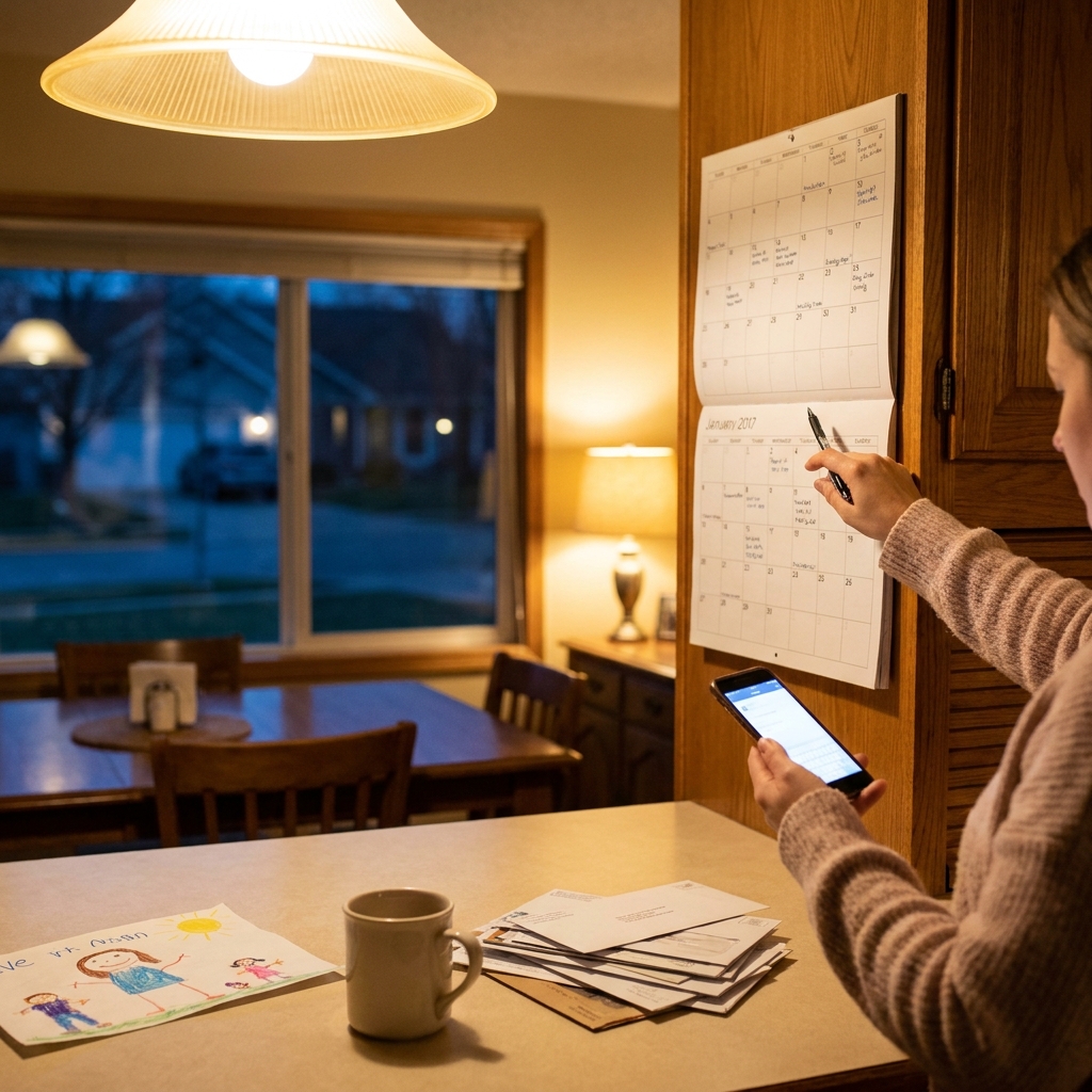 A parent reviewing a church family event reminder on a phone while checking a home calendar, realistic evening family setting, warm light, no visible text