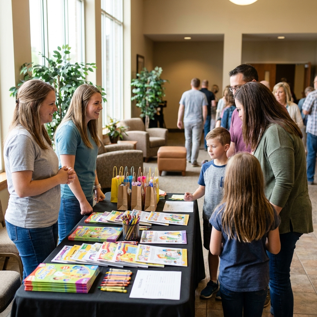 A church event welcome table ready for families with clear directions, smiling volunteers, bright lobby, realistic candid church scene, no visible text