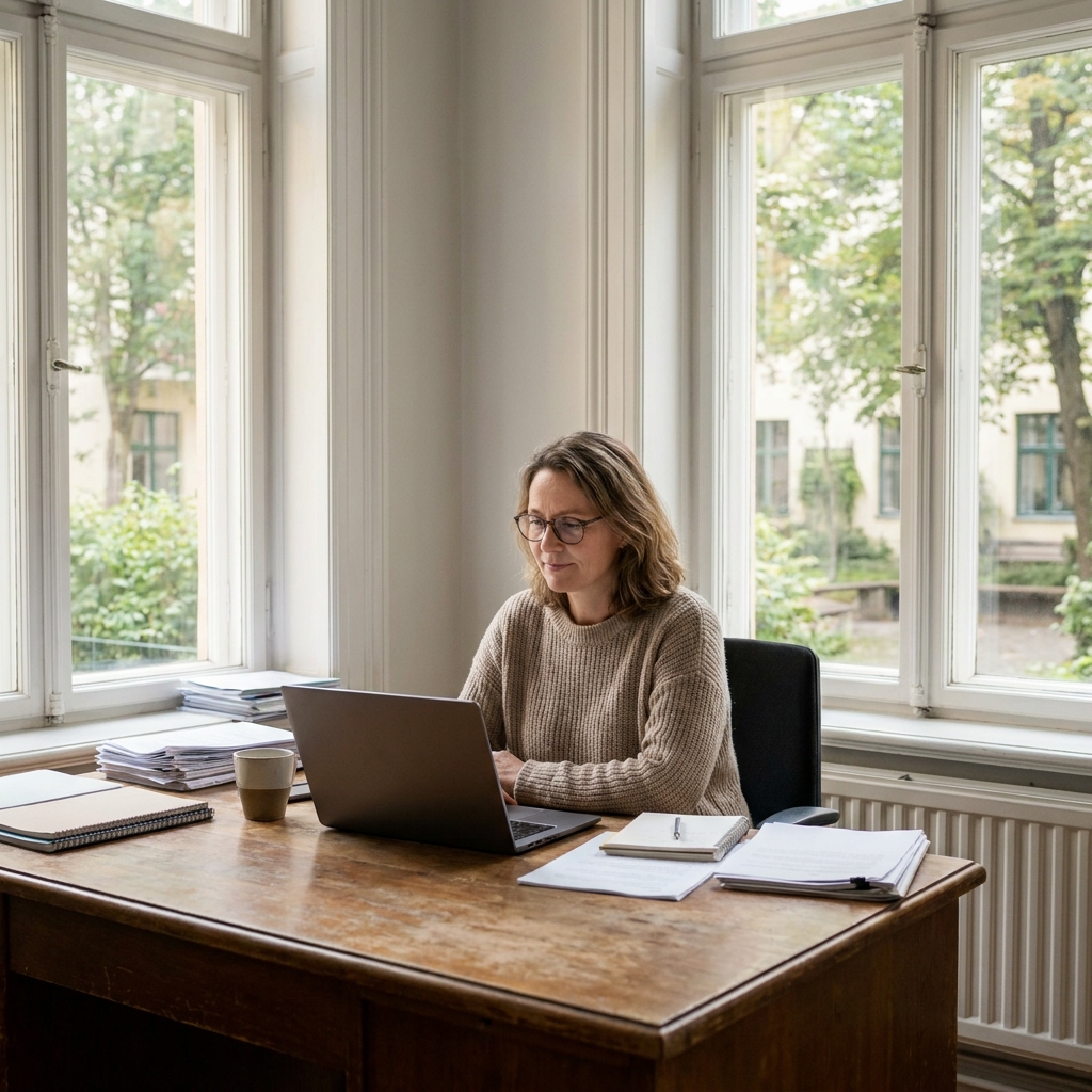 A church staff member reviewing family event attendance notes and reminder timing on a laptop in a calm office, realistic ministry planning scene, no visible text
