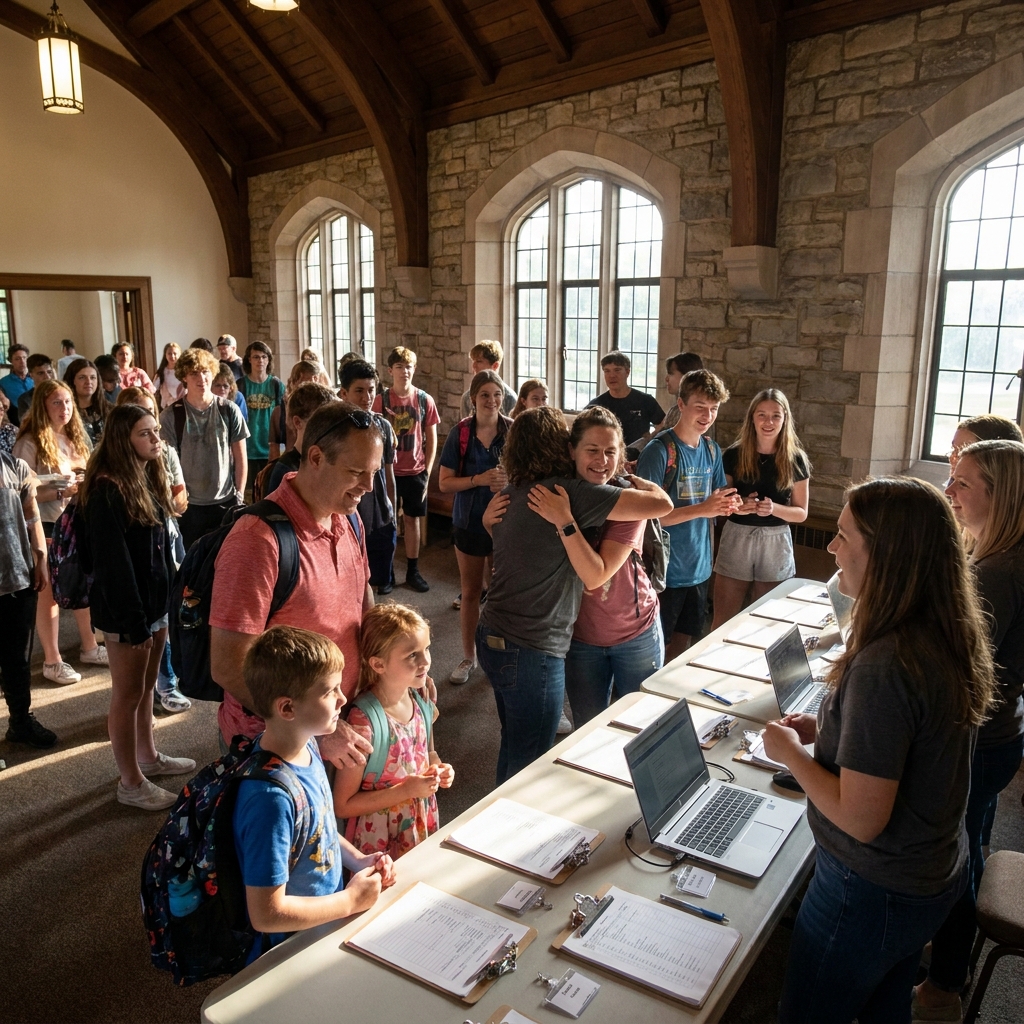 A diverse American church youth event check-in table with parents and students arriving, warm lighting, realistic candid moment