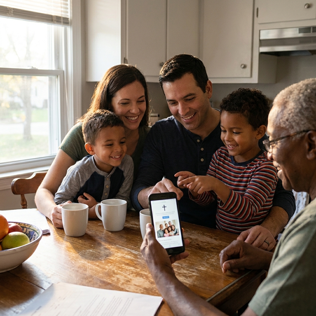 A diverse American family looking at a church website on a phone at a kitchen table, warm natural light, realistic candid moment