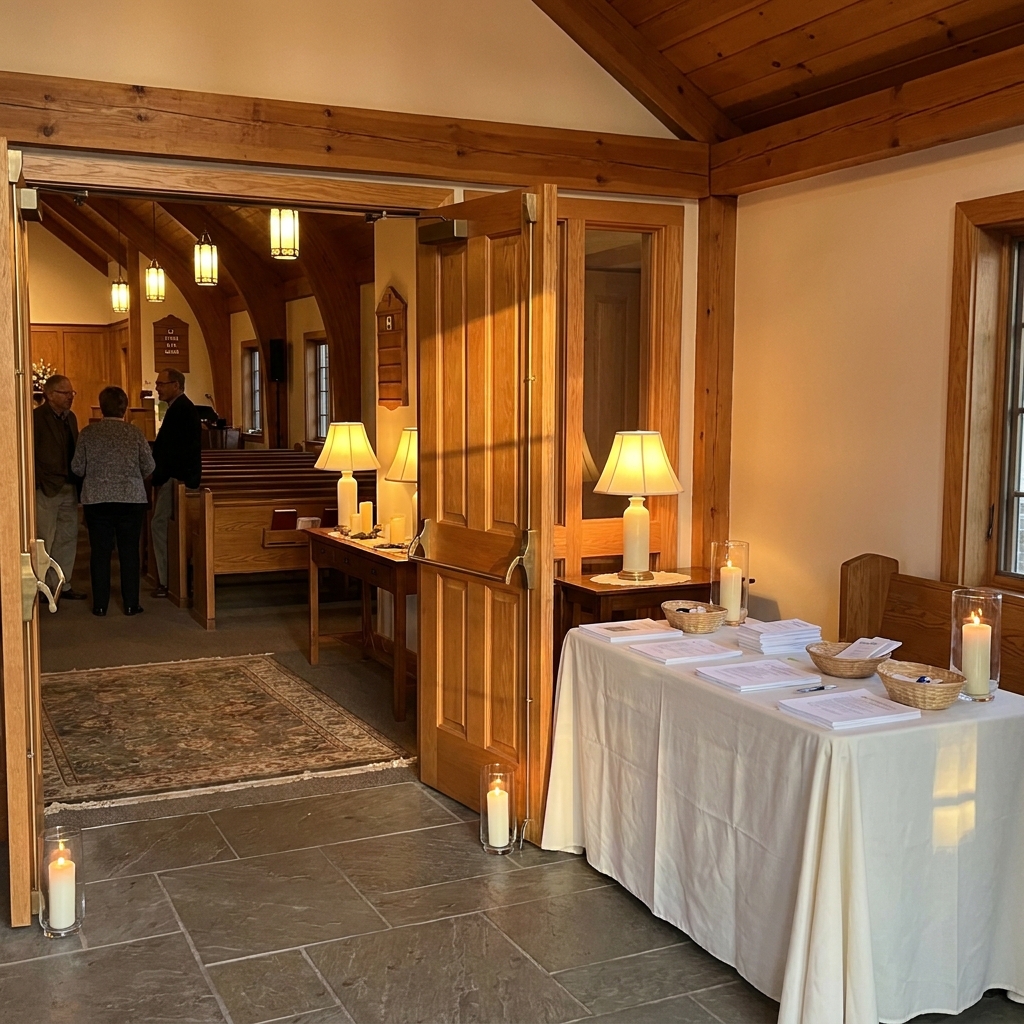 A warm church entry area before an evening Holy Week service, open doors, soft natural and candle-like lighting, neatly arranged welcome table without readable text, realistic American church setting, calm and inviting atmosphere