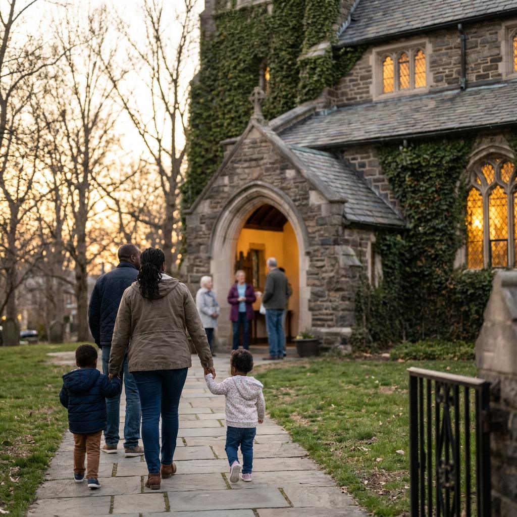 A family walking toward a church entrance in the early evening, soft spring lighting, parent holding a child's hand, welcoming volunteers visible in the background without readable signs, realistic diverse American church community, peaceful Holy Week mood