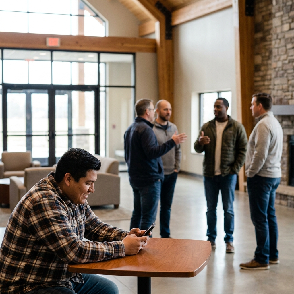 A small group leader sending a friendly follow up message from a phone at a church lobby table, diverse American men talking casually in the background, realistic candid scene, no visible readable text
