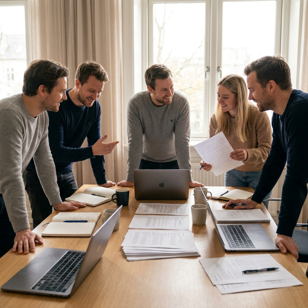 A church ministry team reviewing simple group connection notes around a conference table, laptops and printed schedules visible without readable text, realistic planning scene, warm neutral lighting