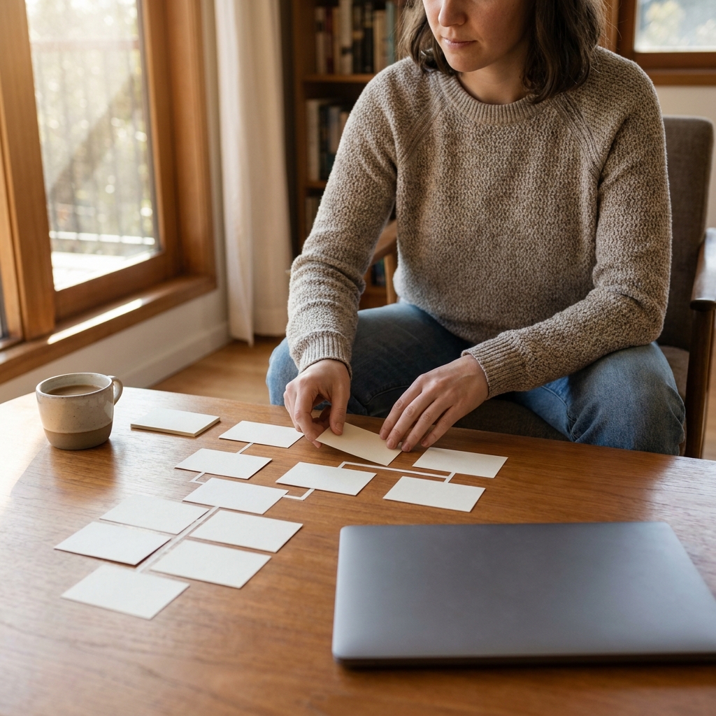A church staff member arranging blank cards to map a simple men’s Bible study connection path on a clean table, laptop fully closed, coffee cup nearby, warm natural light, realistic ministry planning scene, no writing and no visible text