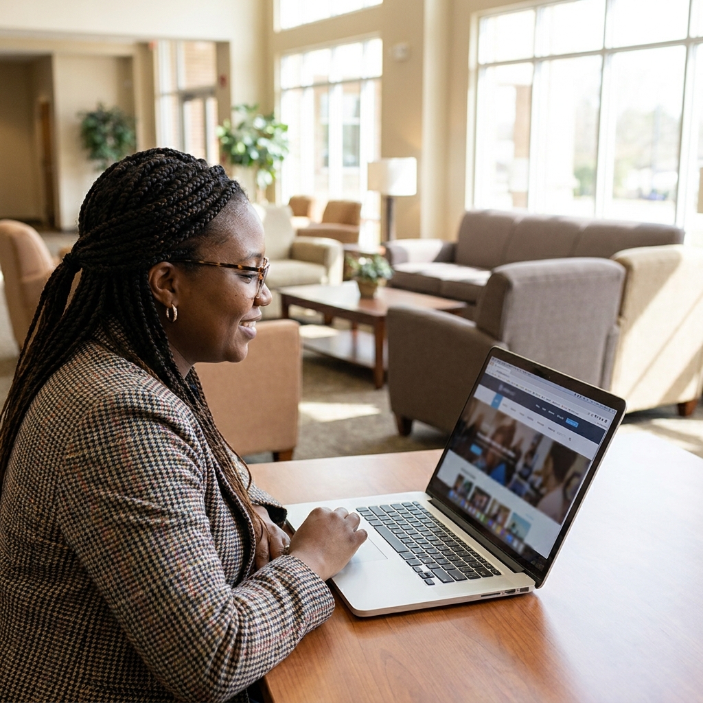 A diverse American church communications volunteer reviewing a church website on a laptop in a bright church lobby, with welcoming lobby seating in the background and no visible text
