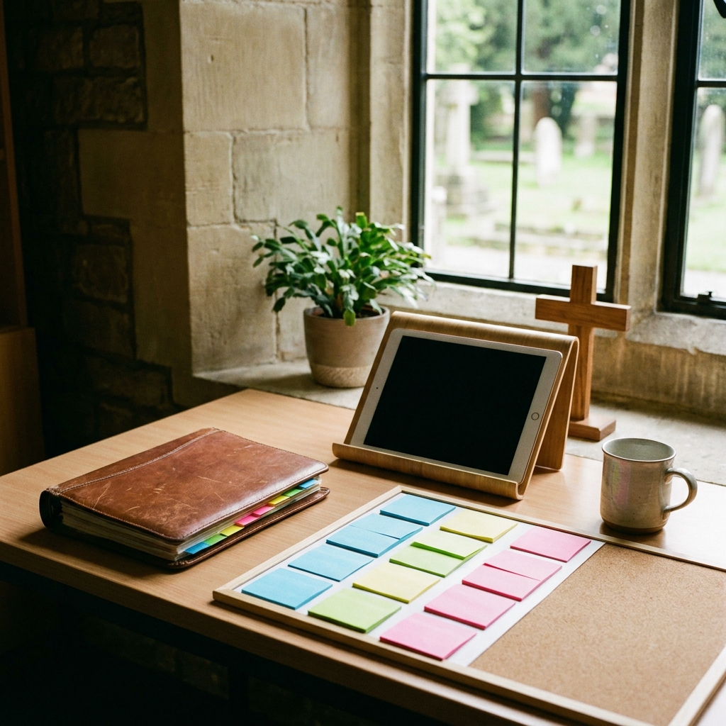 A tidy church office desk with a tablet, color-coded sticky notes, and a closed calendar binder used for website maintenance planning, no visible words, no signage, no logos