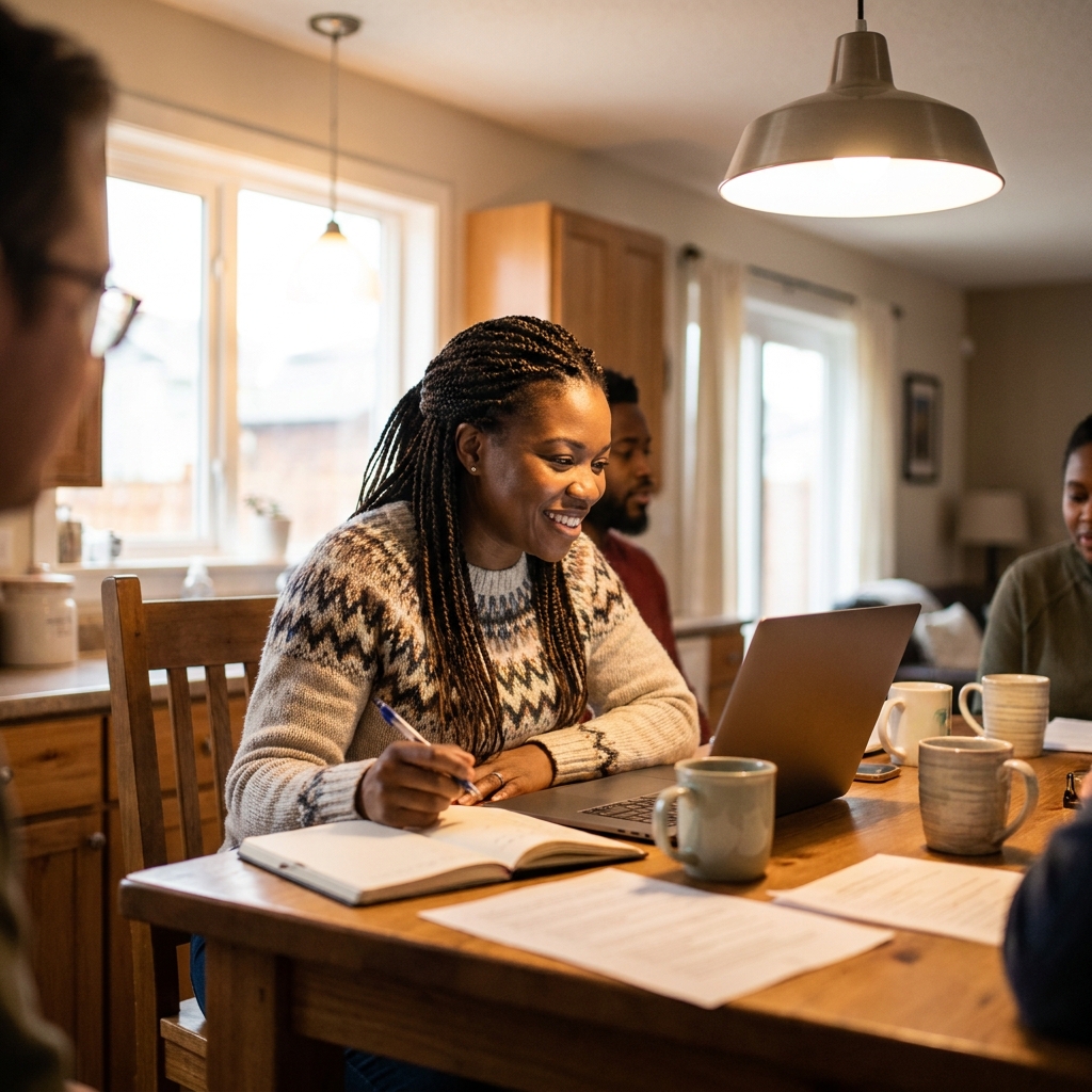 A diverse American church small group leader at a kitchen table planning weekly group communication on a laptop with a notebook, mugs, and warm home lighting, realistic and welcoming, no visible text