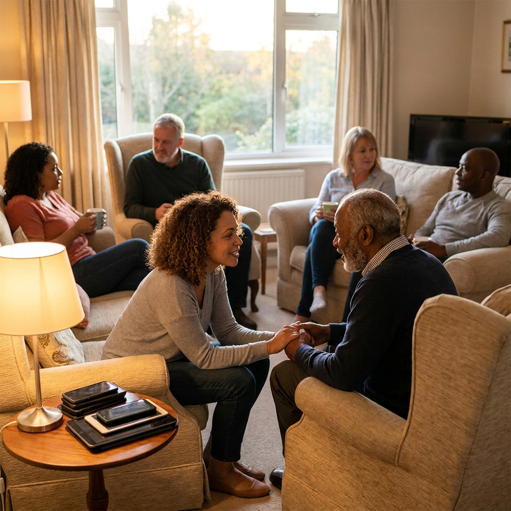 A warm realistic scene of diverse American adults in a living room small group with phones put away on a side table while two people have a caring conversation, soft evening light, no visible text