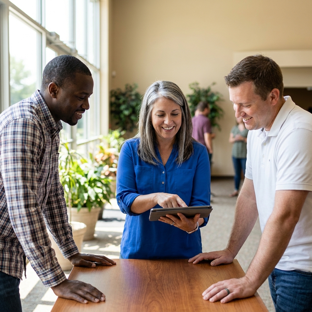 A calm diverse American church volunteer team leader reviewing a tablet schedule with two volunteers in a bright church lobby, realistic candid scene, no visible text or logos