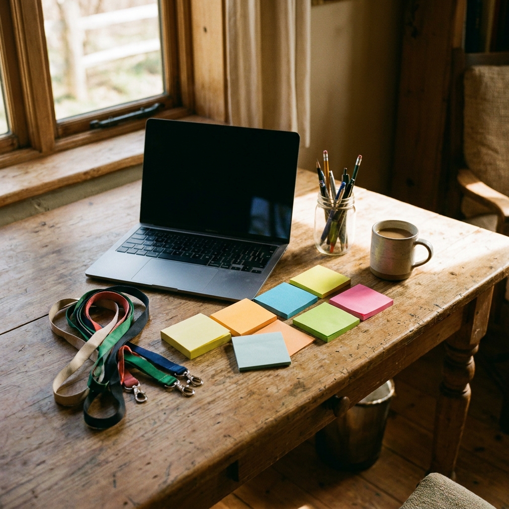 A church ministry planning desk with a closed laptop, color coded sticky notes without writing, lanyards, pens, and coffee in warm natural light, no screens, no paper text, no visible words or logos