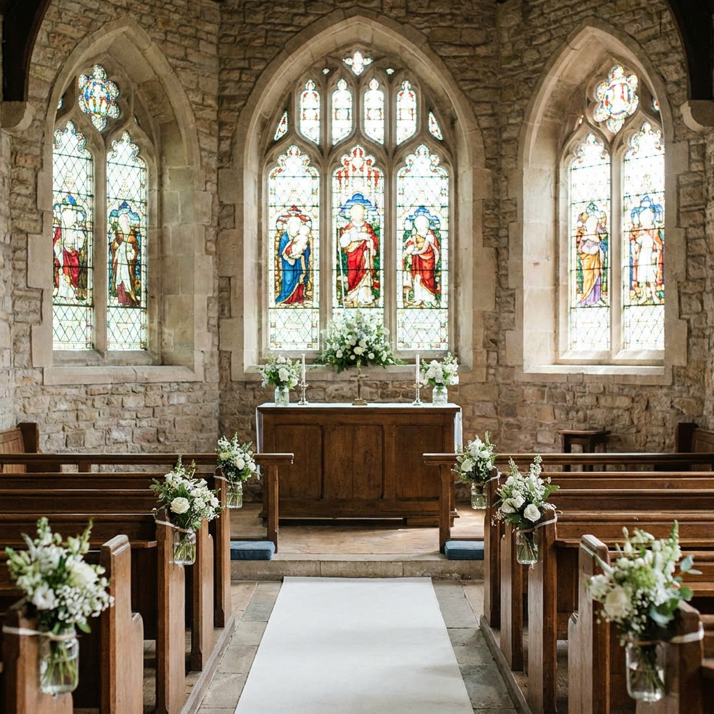 A welcoming church sanctuary prepared for a small wedding ceremony with simple flowers and soft window light, no people, no text, no signage