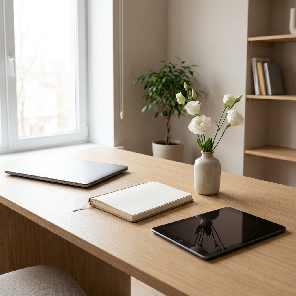 A modern church administrator workspace with a closed laptop, blank notebook, simple flowers, and a tablet with a plain dark screen, clean natural light, no visible text