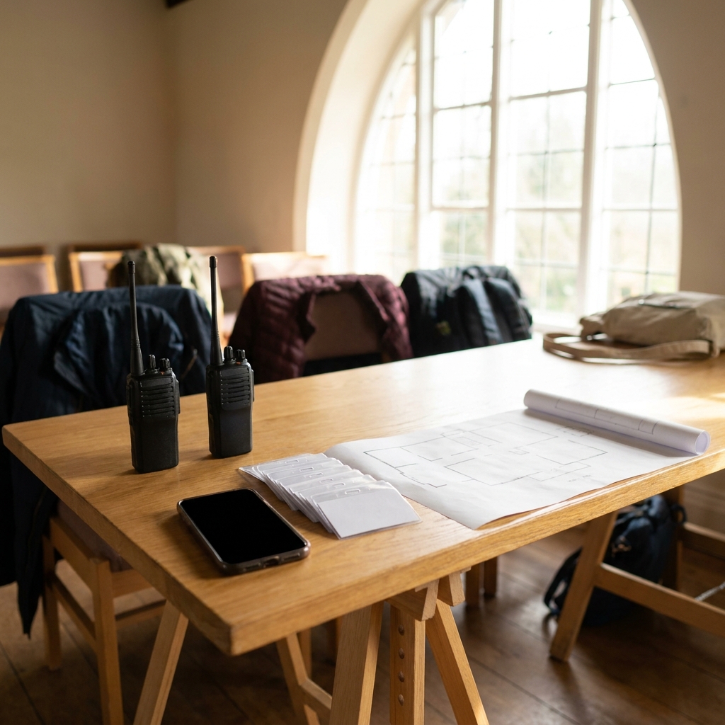 A church volunteer coordination table with two-way radios, a smartphone with a blank dark screen, name badges, and a simple printed floor plan without readable text, natural light, realistic