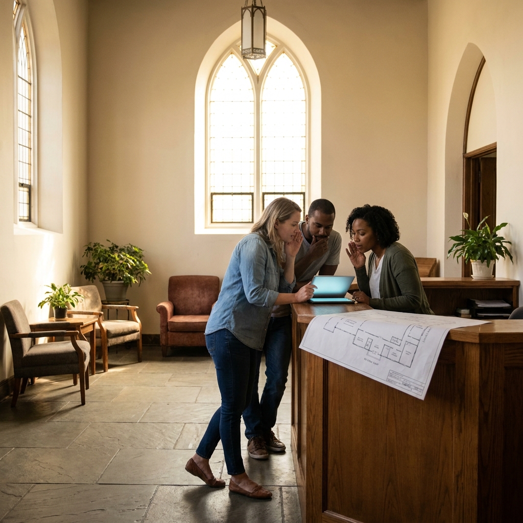 A quiet church lobby before service with volunteers reviewing a tablet and a simple building map, diverse American adults, no readable text, warm natural lighting, realistic