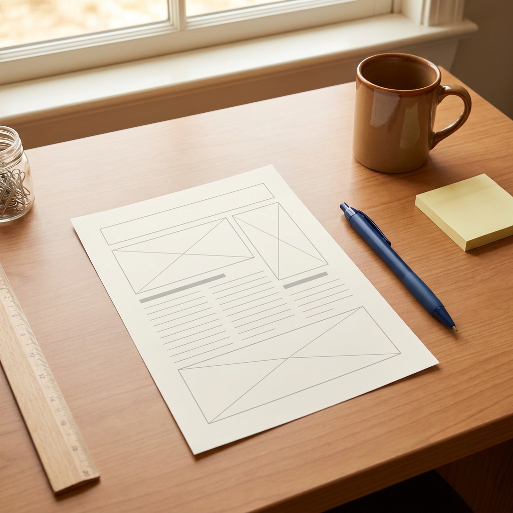 Overhead view of a church newsletter planning desk with a blank paper newsletter wireframe made of simple gray boxes, a pen, coffee, and church office supplies, no calendar, no screens, no readable text
