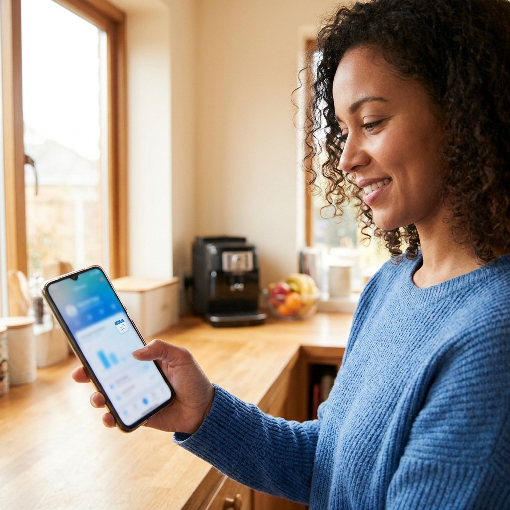 A diverse American church member holding a smartphone at a slight angle while checking church updates, screen softly blurred with no readable text, bright home kitchen