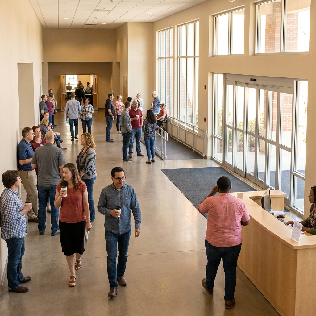 A diverse American church welcome area with clear open pathways, accessible entrance doors, warm natural light, and no visible text on signs