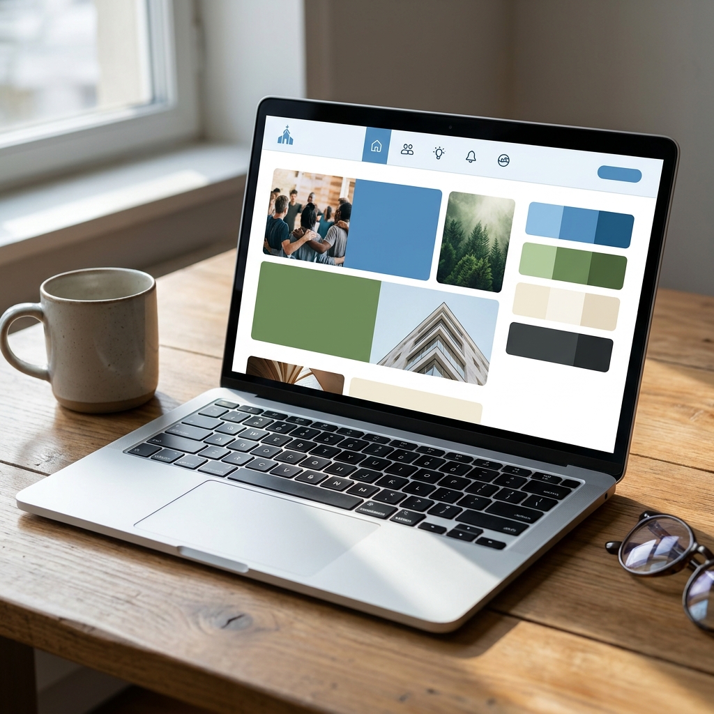 Close view of a modern church website on a laptop showing clean layout blocks and accessible design patterns, no readable text, bright natural office light