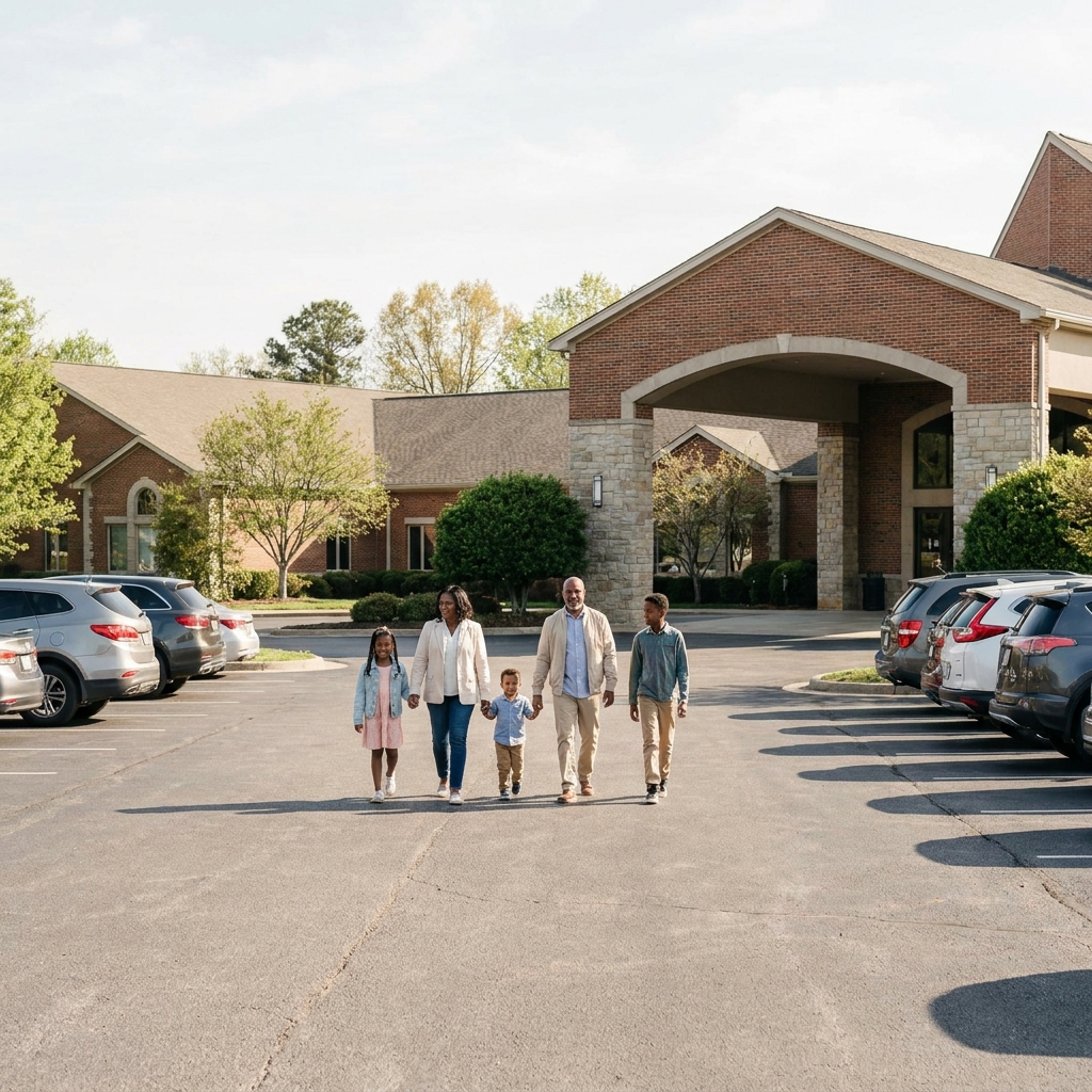 A diverse American family walking from a church parking lot toward a welcoming entrance on a sunny morning, realistic church campus, no visible text or signage