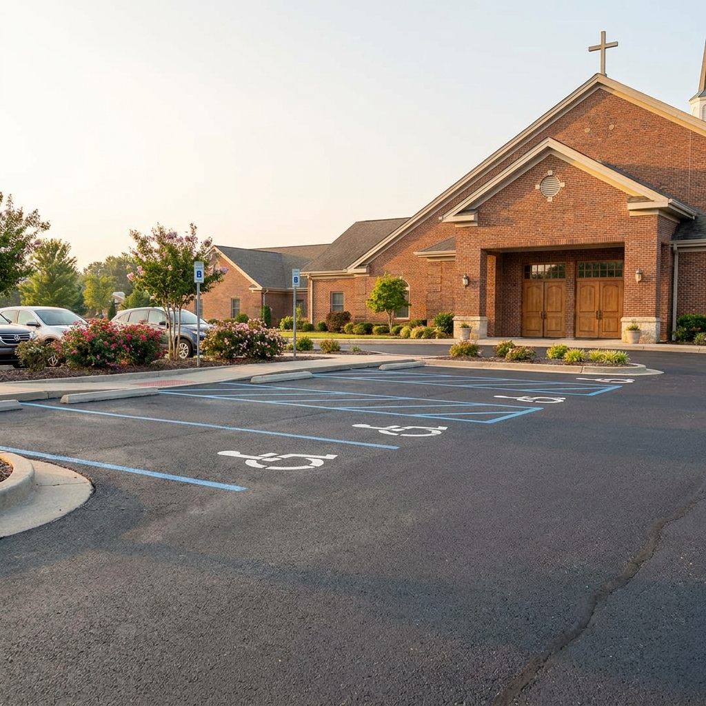 A clean church parking area with accessible parking spaces near a main entrance, morning light, realistic American church setting, no visible text