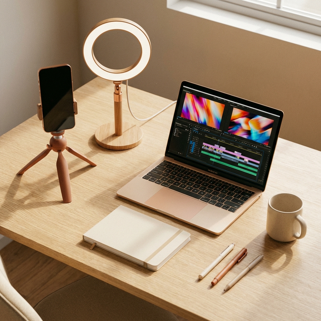 A clean workspace with a smartphone on a tripod, ring light, and laptop showing a video editing timeline
