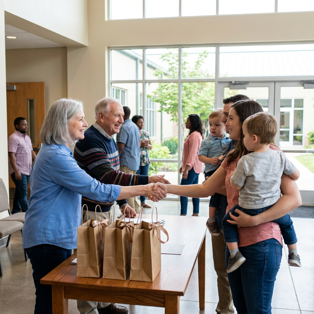 Church volunteers warmly greeting a young family at a welcome table in a modern church lobby